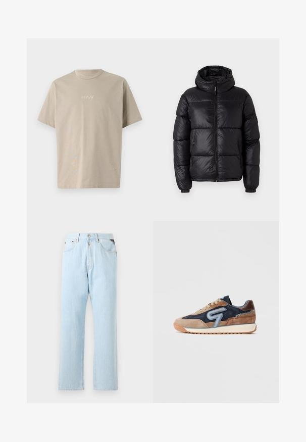 Schwarze Pufferjacke mit Kapuze, glänzender Oberfläche, gesteppten Bereichen, Frontreißverschluss und elastischen Bündchen für eine enge Passform.; Beige Baumwoll-T-Shirt mit kurzen Ärmeln, Rundhalsausschnitt und einem kleinen, in Weiß gestickten "REPLAY"-Logo auf der Vorderseite.; Hellblaue Jeans aus Denim mit geradem Bein. Verfügt über einen Knopf- und Reißverschluss, fünf Taschen und kontrastierende Nähte.; Sneaker bestehen aus einer Mischung aus braunem Wildleder und marineblauem Stoff mit hellblauen Akzenten. Schnürdesign, Gummisohle und abgerundete Zehenform.