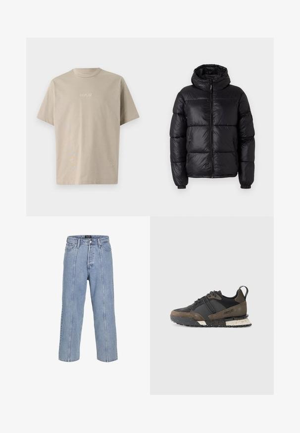 Melnā pūkainā jaka ar kapuci, ar spīdīgu apdari, quiltētām daļām, priekšējo rāvējslēdzēju un elastīgām aprocēm, lai nodrošinātu ciešu piegulšanu.; Beigu kokvilnas T-krekls ar īsām piedurknēm, apaļu kakla izgriezumu un nelielu baltu izšuvumu ar "REPLAY" logo priekšpusē.; Gai zilos džinsus ar brīvu piegriezumu, platām kājām un redzamām šuvēm. Iespējams, pogu un rāvējslēdzēja aizdare, pieci kabatas.; Replay FIELD JUPITER CRAFT - Treniņu apavi - black/dark grey