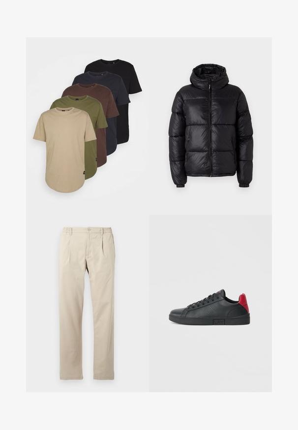 Casaco acolchoado preto com capuz, apresentando um acabamento brilhante, seções acolchoadas, fecho zíper frontal e punhos elásticos para um ajuste confortável.; Cinco t-shirts dispostas em cores em gradiente: bege, oliva, castanho, azul escuro e preto. Feitas de algodão macio com mangas curtas e gola redonda.; Calças bege claro feitas de algodão com um corte descontraído, apresentando um cinto elástico, fecho de botão frontal e pernas retas.; Sapatilha sintética preta com acentos vermelhos no calcanhar, design perfurado nas laterais, biqueira arredondada, sola preta plana e atacadores pretos.