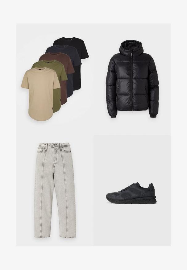 Schwarze Pufferjacke mit Kapuze, glänzender Oberfläche, gesteppten Bereichen, Frontreißverschluss und elastischen Bündchen für eine enge Passform.; Fünf T-Shirts in verlaufenden Farben angeordnet: beige, oliv, braun, dunkelblau und schwarz. Hergestellt aus weicher Baumwolle mit kurzen Ärmeln und Rundhalsausschnitt.; Graue hochtaillierte Jeans mit lockerer Passform, im gerade geschnittenen Design, sichtbaren Nähten und einem destroyierten Look.; Replay ARTHUR ATOM - Sneaker low - black