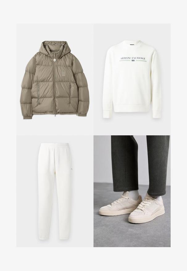 Padded bunda v tlmenej olivovej zelenej, s kapucňou, zipsovými vreckami, elastickými manžetami a nášivkou loga na hrudi. Hladká textura.; Biely mikina s okrúhlym výstrihom, dlhými rukávmi a rebrovanými manžetami. Obsahuje potlačené logo "Armani Exchange 1991" v modrej a zelenej farbe.; Šedé bavlnené tričko s jemným vzorom AX loga, okrúhlym výstrihom, krátkymi rukávmi a voľným strihom. Hladká textúra s mierne vyblednutým vzhľadom.; Biele teplákové nohavice vyrobené z mäkkej tkaniny, s elastickým pásom, zúženými nohami a malým logom na ľavej strane.; Béžové tenisky vyrobené z kožešiny a sieťoviny, s perforovanými akcentmi, plochými šnúrkami a hrubou podrážkou. Nosené s zelenými kordovým nohavicami.