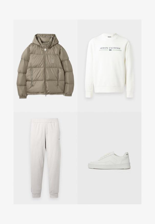 Podložena jakna v potlačeni olivno zeleni barvi z kapuco, z žepi na zadrgo, elastičnimi manšetami in logotipno nalepko na prsih. Gladka tekstura.; Bela sweatshirt s krožnim izrezom, dolgimi rokavi in rebrastimi manšetami. Ima natisnjen logotip "Armani Exchange 1991" v modri in zeleni barvi.; Siva bombažna majica z diskrečnim vzorcem logotipa AX, okroglim izrezom, kratkimi rokavi in sproščenim krojem. Gladka tekstura z rahlo zbledelim stilom.; Svetlo sivi trenirki z elastičnim pasom, stranskimi žepi, rebrastimi manšetami in subtilnim logotipom na nogi, narejene iz mehkega blaga.; Bela usnjena športna obutev z gladko površino, okroglo prst, ravne vezalke in teksturiran podplat. Ima diskretno logo na peti.