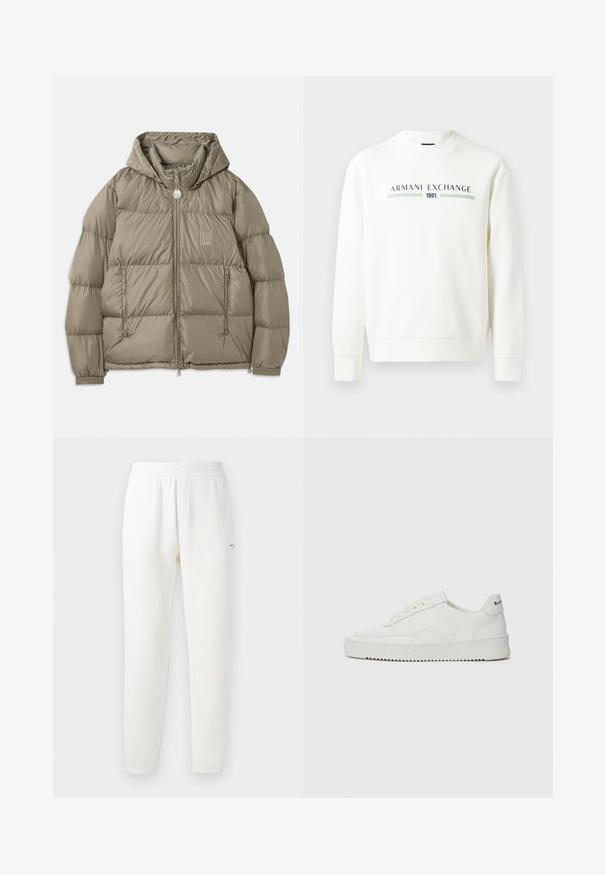 Podložena jakna v potlačeni olivno zeleni barvi z kapuco, z žepi na zadrgo, elastičnimi manšetami in logotipno nalepko na prsih. Gladka tekstura.; Bela sweatshirt s krožnim izrezom, dolgimi rokavi in rebrastimi manšetami. Ima natisnjen logotip "Armani Exchange 1991" v modri in zeleni barvi.; Siva bombažna majica z diskrečnim vzorcem logotipa AX, okroglim izrezom, kratkimi rokavi in sproščenim krojem. Gladka tekstura z rahlo zbledelim stilom.; Bele športne hlače iz mehkega blaga, z elastičnim pasom, zoženimi nogami in majhnim logotipom na levi strani.; Bela usnjena športna obutev z gladko površino, okroglo prst, ravne vezalke in teksturiran podplat. Ima diskretno logo na peti.