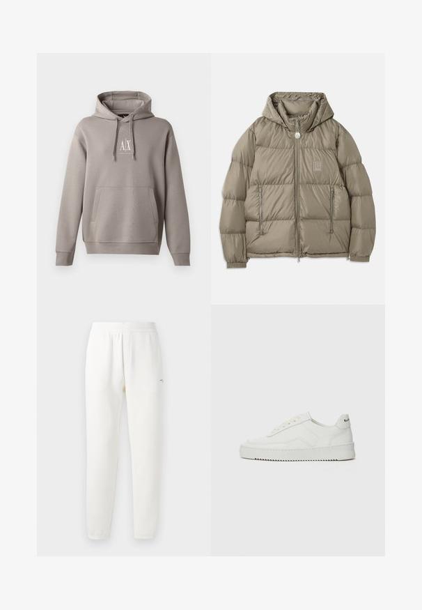 Podložena jakna v potlačeni olivno zeleni barvi z kapuco, z žepi na zadrgo, elastičnimi manšetami in logotipno nalepko na prsih. Gladka tekstura.; Siva kapuca z značko v središču, nastavljiva kapuca s vrvico in majhna bela oznaka na prsih. Mehka tekstura tkanine.; Siva bombažna majica z diskrečnim vzorcem logotipa AX, okroglim izrezom, kratkimi rokavi in sproščenim krojem. Gladka tekstura z rahlo zbledelim stilom.; Bele športne hlače iz mehkega blaga, z elastičnim pasom, zoženimi nogami in majhnim logotipom na levi strani.; Bela usnjena športna obutev z gladko površino, okroglo prst, ravne vezalke in teksturiran podplat. Ima diskretno logo na peti.