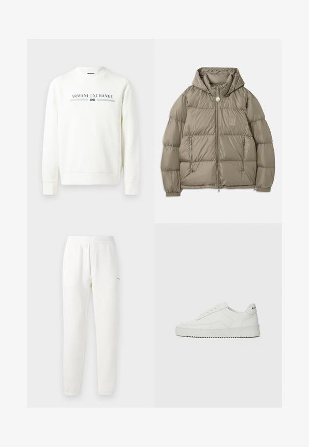 Podložena jakna v potlačeni olivno zeleni barvi z kapuco, z žepi na zadrgo, elastičnimi manšetami in logotipno nalepko na prsih. Gladka tekstura.; Bela sweatshirt s krožnim izrezom, dolgimi rokavi in rebrastimi manšetami. Ima natisnjen logotip "Armani Exchange 1991" v modri in zeleni barvi.; Siva bombažna majica z diskrečnim vzorcem logotipa AX, okroglim izrezom, kratkimi rokavi in sproščenim krojem. Gladka tekstura z rahlo zbledelim stilom.; Bele športne hlače iz mehkega blaga, z elastičnim pasom, zoženimi nogami in majhnim logotipom na levi strani.; Bela usnjena športna obutev z gladko površino, okroglo prst, ravne vezalke in teksturiran podplat. Ima diskretno logo na peti.