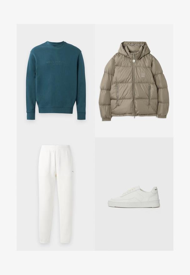 Gepolsterte Jacke in einem gedämpften Olivgrün, mit Kapuze, Reißverschlusstaschen, elastischen Bündchen und einem Logopatch auf der Brust. Glatte Textur.; Türkiser Sweatshirt aus weichem Material, mit Rundhalsausschnitt und gerippten Bündchen. Auf der Vorderseite ist das Logo "ARMANI EXCHANGE" in tonalem Druck zu sehen.; Graues Baumwoll-T-Shirt mit dezentem AX-Logo-Muster, Rundhalsausschnitt, kurzen Ärmeln und lockerer Passform. Glatte Textur mit einem leicht verwaschenen Stil.; Weiße Jogginghosen aus weichem Stoff, mit einem elastischen Bund, schmal zulaufenden Beinen und einem kleinen Logo auf der linken Seite.; Weiße Ledersneaker mit glatter Oberfläche, runder Zehenpartie, flachen Schnürsenkeln und strukturiertem Sohlenprofil. Mit einem dezenten Logo an der Ferse.