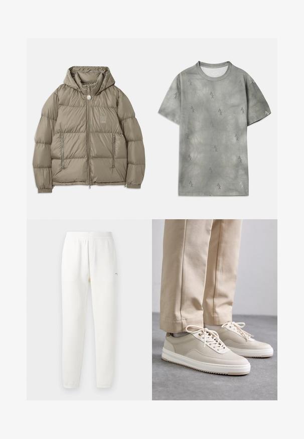 Gepolsterte Jacke in einem gedämpften Olivgrün, mit Kapuze, Reißverschlusstaschen, elastischen Bündchen und einem Logopatch auf der Brust. Glatte Textur.; Graues Baumwoll-T-Shirt mit dezentem AX-Logo-Muster, Rundhalsausschnitt, kurzen Ärmeln und lockerer Passform. Glatte Textur mit einem leicht verwaschenen Stil.; Weiße Jogginghosen aus weichem Stoff, mit einem elastischen Bund, schmal zulaufenden Beinen und einem kleinen Logo auf der linken Seite.; Beige Sneaker mit strukturiertem Obermaterial, weißen Sohlen und gestickten Akzenten, kombiniert mit beigen Hosen, auf einer grauen Fläche präsentiert.