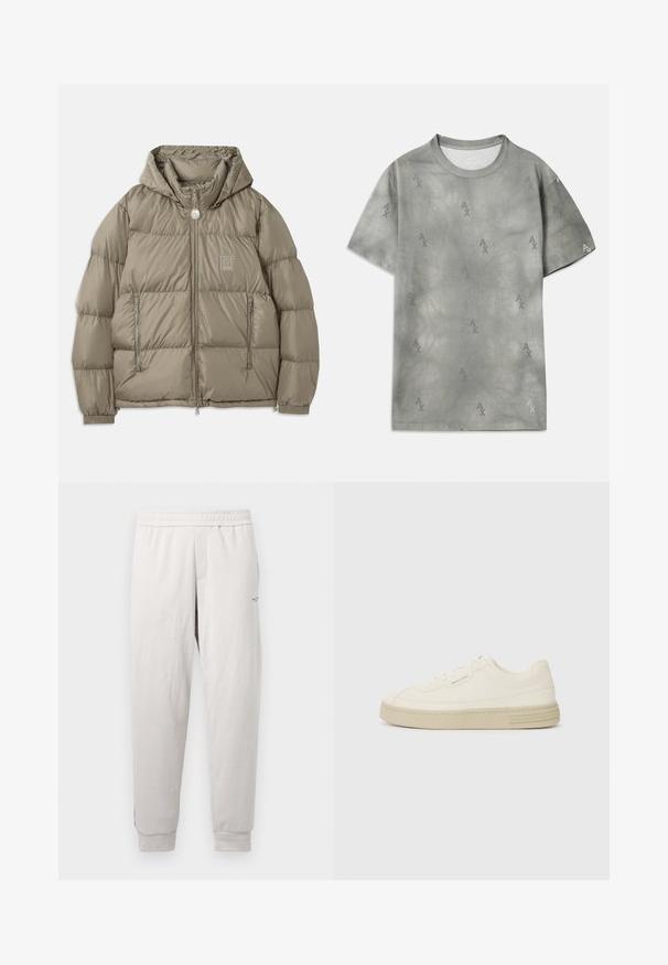 Padded jacket in a muted olive green, featuring a hood, zippered pockets, elastic cuffs, and a logo patch on the chest. Smooth texture.; Gray cotton T-shirt with subtle AX logo pattern, round neckline, short sleeves, and a relaxed fit. Smooth texture with a slightly faded style.; Light gray sweatpants with an elastic waistband, side pockets, ribbed cuffs, and subtle branding on the leg, made of soft fabric.; White canvas sneakers with a textured rubber sole, featuring a stitched toe cap and logo accent on the heel. Simple lace-up design.