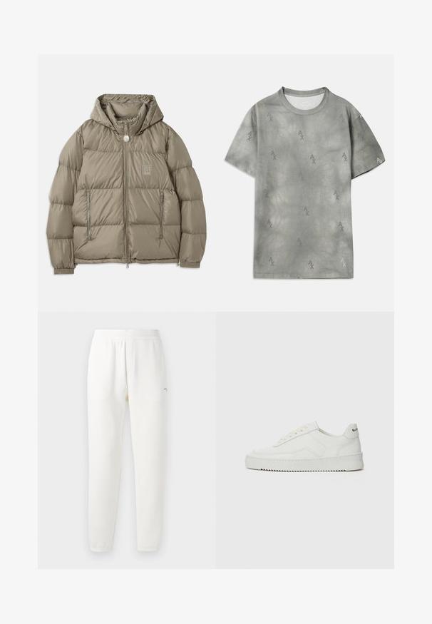 Polstret jakke i en dæmpet olivengrøn farve, som har hætte, lynlåslommer, elastiske manchetter og et logo-patch på brystet. Glat tekstur.; Grå bomulds T-shirt med diskret AX-logo mønster, rund halsudskæring, korte ærmer og en afslappet pasform. Glat tekstur med en let falmet stil.; Hvide sweatpants lavet af blødt stof, med elastisk talje, tapered ben og et lille logo på venstre side.; Hvide lædersneakers med en glat overflade, rund tå, flade snørebånd og en tekstureret sål. Har et diskret logo på hælen.