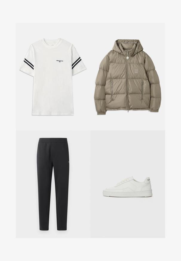 Pūkinė striukė švelniai alyvuogių žalia spalva, su gobtuvu, užtrauktuku kišenėmis, elastiniais rankogaliais ir logotipo siuvinėjimu ant krūtinės. Lygi tekstūra.; Balta medvilninė marškinėliai su trumpomis rankovėmis, apvaliu iškirpimu ir juodomis juostelėmis ant rankovių. Mažas siuvinėtas logotipas ant krūtinės.; Juodos sportinės kelnės, pagamintos iš minkštos medžiagos, su elastinga juosmeniu, tiesiomis kojomis ir nedideliu logotipo akcentu šone.; Balti odiniai sportiniai bateliai su lygia apdaila, apvaliu pirštu, plokščiais raišteliais ir tekstūruotu padu. Pasižymi subtiliu logotipu ant kulno.