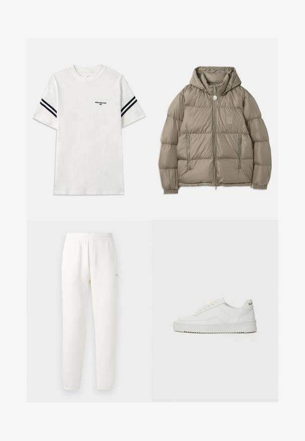 Pamata jaka bālā olīvzaļā krāsā, ar kapuci, ar rāvējslēdzēju kabatām, elastīgām aprocēm un logotipa uzšuvi uz krūtīm. Gluda tekstūra.; Balta kokvilnas T-kreklu ar īsām piedurknēm, apaļo dekoltē un melnām svītrām uz piedurknēm. Mazs izšūts logo uz krūtīm.; Baltas sporta bikses, izgatavotas no mīkstas auduma, ar elastīgu jostu, sašaurinātiem galiem un nelielu logo kreisajā pusē.; Baltas ādas sneakers ar gludu virsmu, apaļu pirkstu daļu, plakaniem šņorēm un teksturētu zoli. Satur diskrētu logotipu uz papēža.