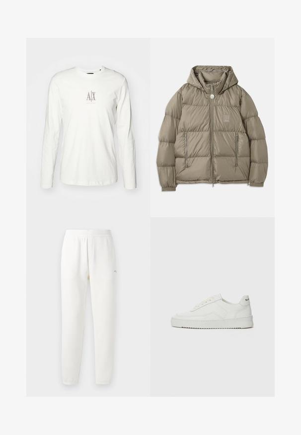 Pehmealt vooderdatud jakk kustunud oliivrohelises, millel on kapuuts, tõmblukkudega taskud, elastsed mansetid ja logo plaastri detail rinnal. Sujuv pind.; Pikkade varrukatega valge puuvilla T-särk, millel on keskel väike beež logo "AX". Sujuv tekstuur ja klassikaline ümar kaelus.; Valged dressipüksid, mis on valmistatud pehmest kangast, elastse vöökohtaga, kitsenevate jalgadega ja väikese logoga vasakul poolel.; Valge nahast tennis, millel on sile põhi, ümar varvas, lamedad nöörid ja tekstuuriline tall. Sisaldab diskreetset logo kontsaribal.