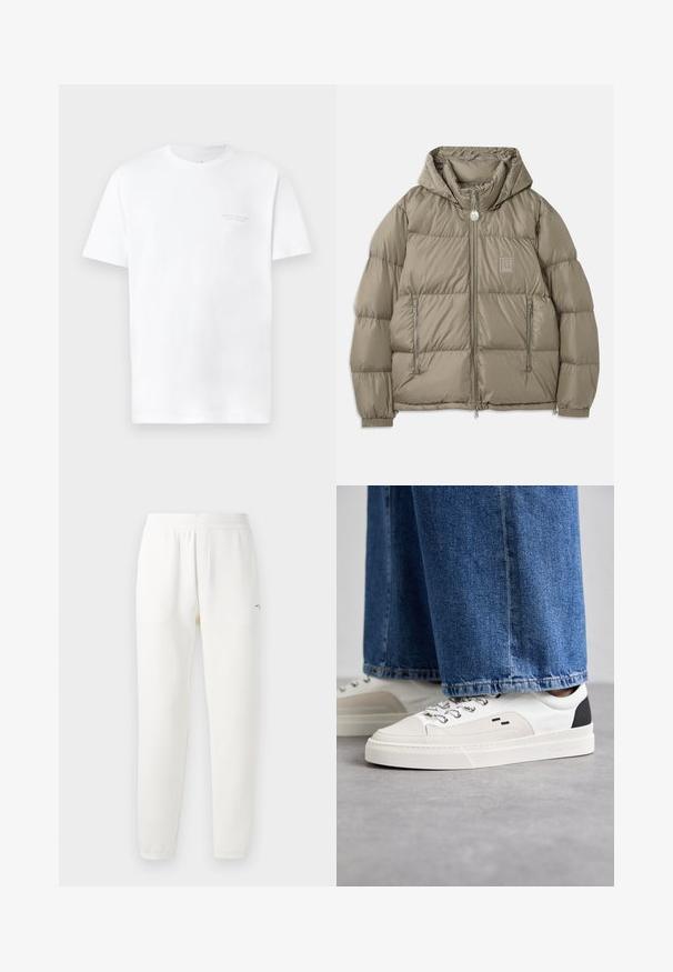 Polstret jakke i en dæmpet olivengrøn farve, som har hætte, lynlåslommer, elastiske manchetter og et logo-patch på brystet. Glat tekstur.; Hvid bomulds t-shirt med korte ærmer, rund halsudskæring, der har et diskret gråt logo print på venstre bryst og en glat overflade.; Hvide sweatpants lavet af blødt stof, med elastisk talje, tapered ben og et lille logo på venstre side.; Hvide og sorte sneakers med en glat læderoverdel, teksturerede detaljer og en kraftig hvid sål. Har et klassisk snørebåndsdesign.
