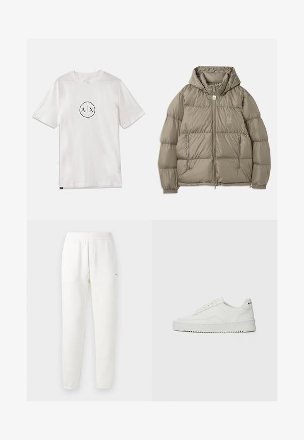 Padded jacket in a muted olive green, featuring a hood, zippered pockets, elastic cuffs, and a logo patch on the chest. Smooth texture.; White cotton T-shirt with short sleeves, featuring a circular black logo with "A/X" in the center, classic crew neck design.; White sweatpants made from soft fabric, featuring an elastic waistband, tapered legs, and a small logo on the left side.; White leather sneaker with a smooth finish, round toe, flat laces, and a textured sole. Features a subtle logo on the heel.