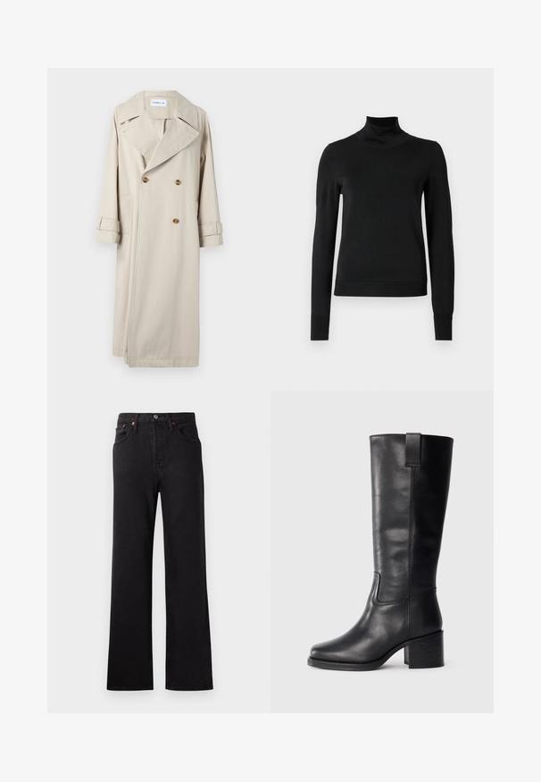 Beidza no kokvilnas treniņmētelis ar dubulto priekšu, lieliem atlokiem un pogu akcentiem. Iekļauj sānu kabatas un piedurknes ar apkaklēm.; Melnas garām piedurknēm turtlenecks džemperis ar ribotām aprocēm un apakšmali, attēlots uz vienkārša balta fona.; Augstas jostas melnas džinsa bikses ar izplestām kājām, kurām ir redzama šūšana, piecu kabatu dizains un vara toņa aksesuāri.; Melnas ādas augstas līdz ceļgaliem zābaki ar gludu tekstūru, kvadrātveida purngaliem, blokveida papēdi un sānu cilpu, ar minimālām šuvju detaļām.