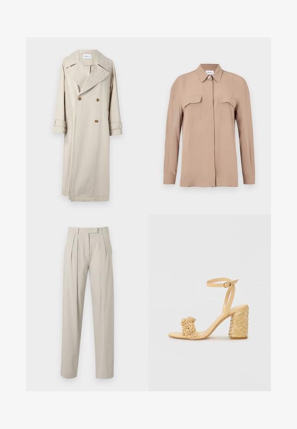 Béžový trenčkot vyrobený z bavlny, s dvojitým predným zapínaním, veľkými chlopňami a detailmi na gombíky. Obsahuje bočné vrecká a manžety na rukávoch.; Béžová košeľa s dlhým rukávom a gombíkmi z ľahkého materiálu. Má dve náprsné vrecká a klasický golier, so strihom na rovno a minimalistickým dizajnom.; Skladané nohavice z ľahkej béžovej ľanovej tkaniny, so strihom rovného nohu a hladkou textúrou. Žiadne viditeľné vrecká ani zapínanie.; Béžové sandále na vysokom podpätku s opletenou textúrou, ozdobené kvetinou a popruhom na členku. Štvorcová päta zvyšuje stabilitu.