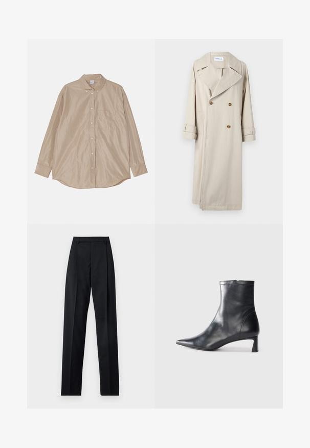 Gabardina beige de algodón, con un frente de doble botonadura, grandes solapas y detalles de botones. Incluye bolsillos laterales y mangas con puños.; Camisa de botón de manga larga color beige, con cuello, un bolsillo en el pecho y tela suave y ligeramente brillante. Dobladillo redondeado y botones visibles.; Pantalones negros de tela suave con cintura alta, piernas amplias, pliegues frontales y lazos de cinturón clásicos. No hay bolsillos laterales visibles.; Botín de cuero negro hasta el tobillo con punta afilada y un diseño elegante. Presenta un tacón bajo y un cierre con cremallera en la parte trasera. Textura suave.