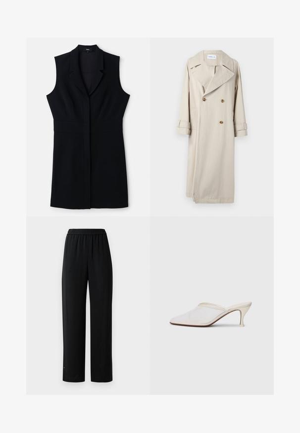 Beige Trenchcoat aus Baumwolle mit doppelter Knopfleiste, großen Revers und Knopfdetails. Mit seitlichen Taschen und umgeschlagenen Ärmeln.; Schwarzes ärmelloses Blazer-Kleid mit taillierter Passform, ausgestattet mit einem Reverskragen und einem einzelnen Frontverschluss. Glattes Material und minimalistisches Design.; Schwarze weite Hosen aus glattem Stoff mit elastischem Bund. Mit geradem Schnitt und minimalen Details. Geeignet für die Freizeit.; Weiße Mesh-Pantoletten mit spitzer Zehenform, schlankem Mittelabsatz und Slip-On-Design vor einem schlichten Hintergrund.