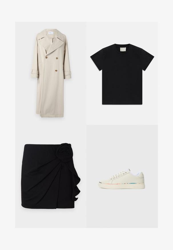 Beige Trenchcoat aus Baumwolle mit doppelter Knopfleiste, großen Revers und Knopfdetails. Mit seitlichen Taschen und umgeschlagenen Ärmeln.; Schwarzes Kurzarm-T-Shirt mit Rundhalsausschnitt und einem weißen Etikett im Kragen, darauf steht "D.R.C. EST. 2002", vor einem weißen Hintergrund.; Schwarzer Minirock aus weichem Stoff mit einem gefältelten Design. Besitzt ein Stoffrose-Detail an der Seite und einen gerafften Saum.; Cremefarbene Low-Top-Sneaker mit Schnürdesign, weißem Innenfutter und subtilen mehrfarbigen Akzenten entlang der Sohlenkante, Seitenansicht.