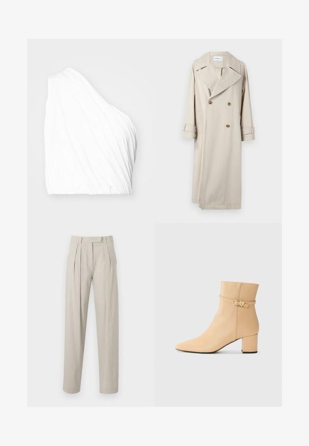 Palton bej din bumbac, cu un front cu dublă închidere, rever mari și accente cu butoane. Include buzunare laterale și mâneci cu opțiune de manșetă.; Top alb asimetric, confecționat dintr-un material ușor, cu textură drapată și margine elastică. Suprafață netedă cu linii moi și fluide.; Pantaloni plisați dintr-un țesătură de in bej deschis, având un design drept și o textură netedă. Fără buzunare vizibile sau închideri.; Botină bej din piele cu vârf ascuțit, toc masiv și o curea decorativă la gleznă cu detalii din metal auriu.