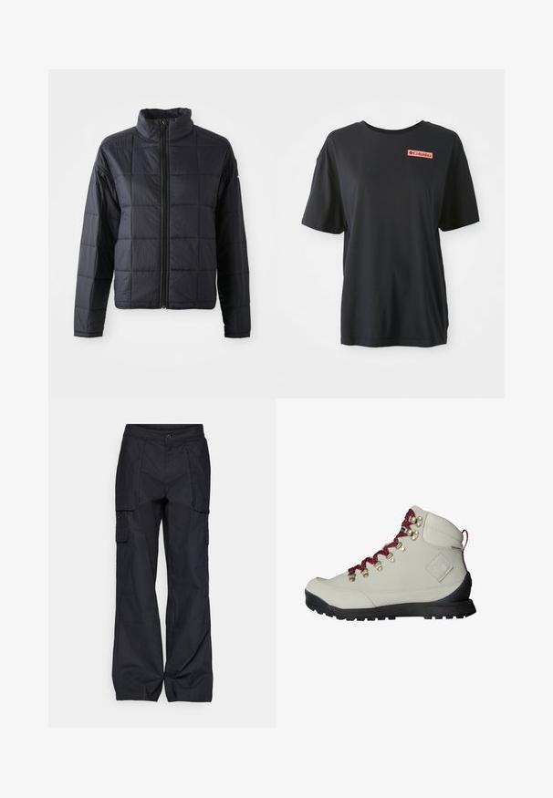 Veste matelassée noire avec un col haut, fermeture éclair à l'avant sur toute la longueur et manches longues. Fabriquée en matériau léger avec une texture lisse.; T-shirt en coton noir à manches courtes, coupe décontractée, avec un logo rectangulaire rouge sur la poitrine gauche. Texture lisse et design simple.; Columbia BREA FALLS™ COTTON RIPSTOP PANT - Pantalons outdoor - black; Botte de randonnée beige avec des lacets rouges, des œillets en métal et une surface texturée. Elle possède une semelle noire robuste et un détail de logo distinct sur le côté.