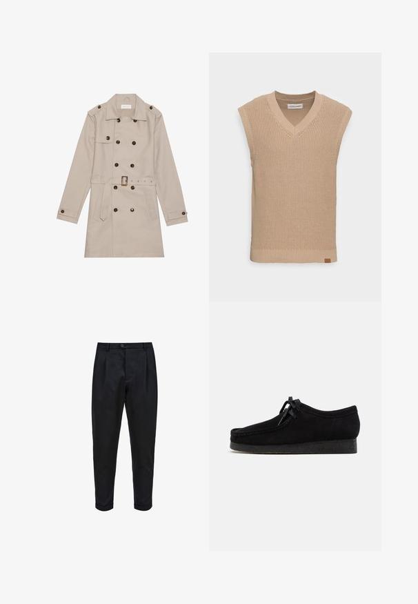 Beige trench coat with double-breasted design, large dark buttons, belted waist, shoulder epaulets, and two frontal pockets.; Beige knitted sleeveless sweater vest with a V-neck, ribbed texture, and a small leather logo tag at the bottom left side.; Black trousers made of a smooth fabric, featuring a pleated front, tapered fit, and rolled cuffs. Simple button closure at the waist.; Black suede shoes with a rounded toe design, a lace-up front, and a textured black rubber sole. Smooth upper with subtle stitching detail.