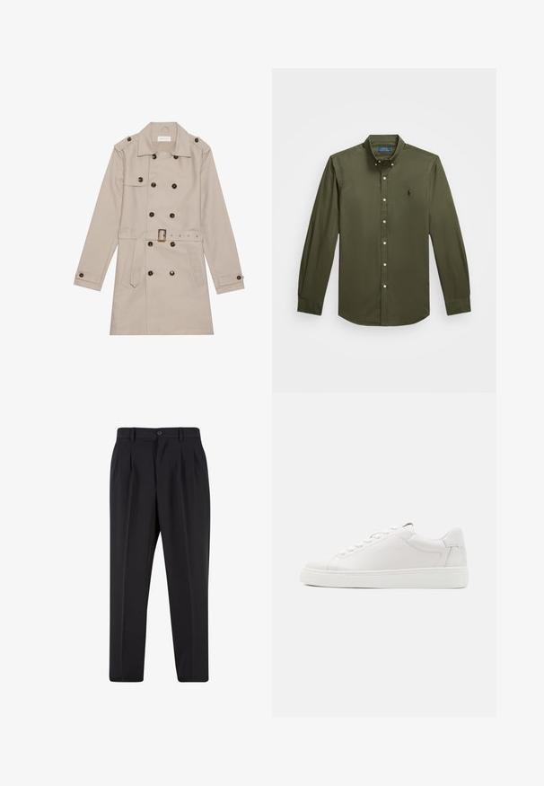 Beež mantel kahekordse nööpide ja suurte tumedate nööpidega, vöökoht on vöödiga, õlavarreepauletid ja kaks esist pensioni.; Õlivääris roheline pika varrukaga nööbiga särk. Kraega disain, millel on peeneline tikandiga logo ja tavaline nööpide sulgemine ees.; Mustad püksid, millel on voltidega eesmine disain, valmistatud siledast kangast. Omab nup closure ja vöökinnitusauke; sirge jalgade lõige.; GANT MC JULIEN - Tossud - white