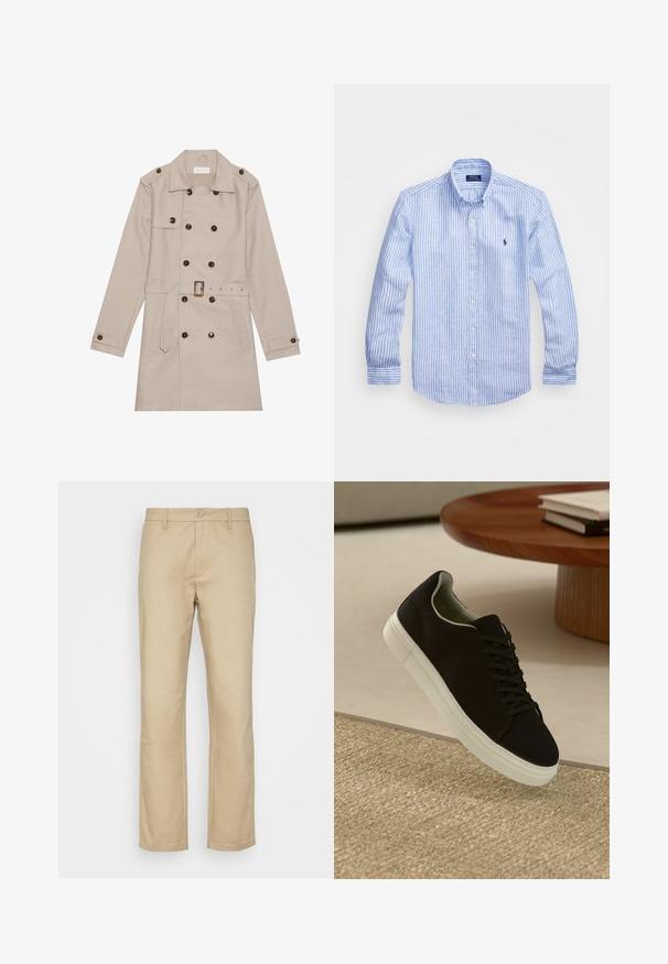 Beige trench coat with double-breasted design, large dark buttons, belted waist, shoulder epaulets, and two frontal pockets.; Blue and white striped long-sleeve shirt made of cotton, featuring a button-down collar, front buttons, and a small embroidered logo on the chest.; Beige chinos, straight-leg design, cotton blend fabric, front button closure, belt loops, and hemmed cuffs. No visible patterns or accents.; Black sneaker with white sole floating above beige textured rug near round wooden table with stacked books.