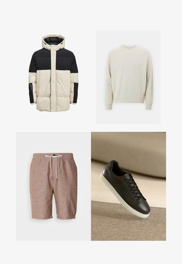 Puffjacke mit einem cremefarbenen Körper und schwarzen Schultern. Sie hat eine Kapuze, einen Reißverschluss und elastische Bündchen, hergestellt aus glattem, gestepptem Stoff.; Helles beiges Sweatshirt aus weichem Stoff mit Rundhalsausschnitt, langen Ärmeln und gerippten Bündchen und Saum. Minimalistisches Design, keine sichtbaren Muster.; Braune Leinen-Shorts mit elastischem Bund, Kordelzugverschluss und umgeschlagenem Saum. Bietet eine dezente Textur und minimalistische Designelemente.; Schwarzer Ledersneaker mit weißer Gummisohle und schwarzen Schnürsenkeln, platziert auf einer beigen Stoffoberfläche und im Hintergrund.