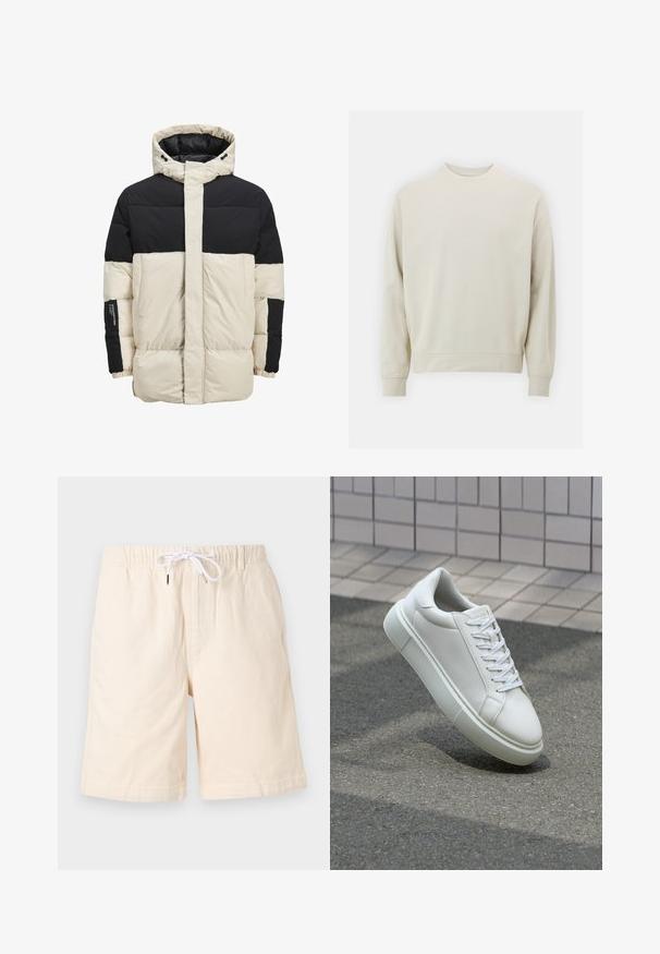 Puffer jacket featuring a cream body with black shoulders. It has a hood, zip closure, and elastic cuffs, made from smooth, quilted fabric.; Light beige sweatshirt made of soft fabric with a crew neck, long sleeves, and ribbed cuffs and hem. Minimalist design, no visible patterns.; Beige cotton shorts with a relaxed fit, elastic waistband, and white drawstring. Features side pockets and a smooth texture.; White leather sneaker with a smooth surface, round toe, and flat white laces. Features a textured rubber sole and minimal design elements.