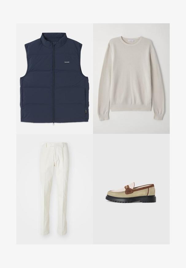 Navyblaue gepolsterte Weste mit hohem Kragen, Reißverschluss und seitlichen Armausschnitten. Mit einem kleinen Logo auf der Brust und glatter Textur.; Helles beige Sweatshirt aus weichem Strickstoff. Rundhalsausschnitt, lange Ärmel, gerippte Bündchen und Saum mit subtilen Texturdetails.; Weiße Baumwollhosen mit geradem Bein, flachem Bund und ohne sichtbare Muster oder Metallelemente. Glatte Textur.; Loafer mit beigen, hellrosa und braunen Wildlederpaneelen, goldenen Metallschnallenakzenten und dicker schwarzer Gummisohle mit Profilmuster.