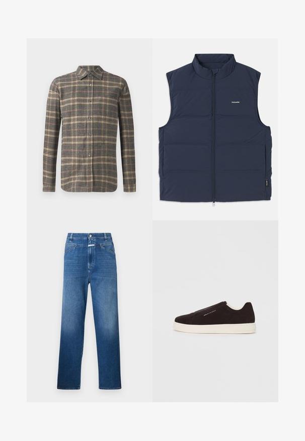 Marineblå polstret vest med høy krage, glidelås og åpninger til armene. Har et lite logo på brystet og en jevn tekstur.; Langermet skjorte med knapp i grå, beige og oransje rutete mønster. Har en klassisk krage og rett nederkant med mørke knapper.; Blå denim jeans med rette ben, som har knappelukking, belteholdere og subtil falming på lårene.; Sorte semsket slip-on sneakers med hvit gummisåle, med en glatt tekstur og subtil merking på siden. Klassisk design og struktur.