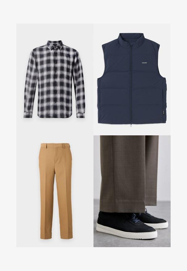 Gilet imbottito blu navy con colletto alto, chiusura a zip e aperture laterali per le braccia. Presenta un piccolo logo sul petto e una texture liscia.; Camicia a scacchi bianca e nera, maniche lunghe, colletto, realizzata in tessuto leggero con una texture morbida, con bottoni neri.; Pantaloni beige in tessuto tessuto, con taglio dritto, frontale piatto e passanti per cintura. Texture liscia senza motivi visibili.; Sneakers in suede nera con suole in gomma bianca, dotati di punta tonda e lacci, indossati con pantaloni grigi su misura.
