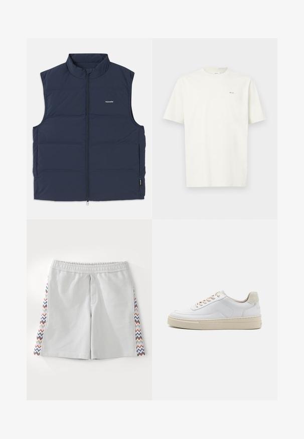 Tamsiai mėlynas paminkštintas liemenė su aukštu apykakle, užtrauktuku ir šoniniais rankovių atvartais. Turi mažą logotipą ant krūtinės ir lygią tekstūrą.; Balta, trumpa rankovėmis T-marškiniai su mažais juodais "NN. 07" užrašais kairėje krūtinės pusėje, prieš šviesią foną.; Šviesiai pilki sportiniai šortai su elastinga juosta ir daugiaspalviu zigzago raštu šonuose. Lygi tekstūra ir kelio ilgio dizainas.; Baltas sportinis batelis su glotnia odine viršutine dalimi, bežinėmis raištelėmis ir struktūrizuota bežine zomšinėmis kulno juostele. Pade jaučiamas aukštis.