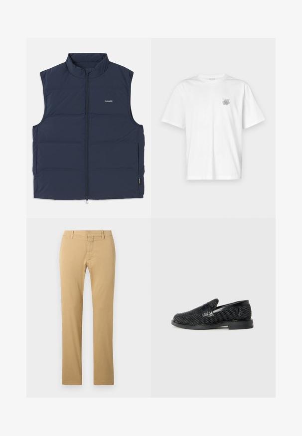 Marineblå polstret vest med høy krage, glidelås og åpninger til armene. Har et lite logo på brystet og en jevn tekstur.; Hvit T-skjorte laget av bomull, med korte ermer, rund hals og en liten grå logo på venstre brystområde. Smooth tekstur.; Beige bomullschinos med rette ben, som har flat foran, beltehemper og skjult glidelås.; Sorte vevde slip-on sko med en glatt lærdetalj på overdelen, design med rund tå og en lavprofil gummisåle.
