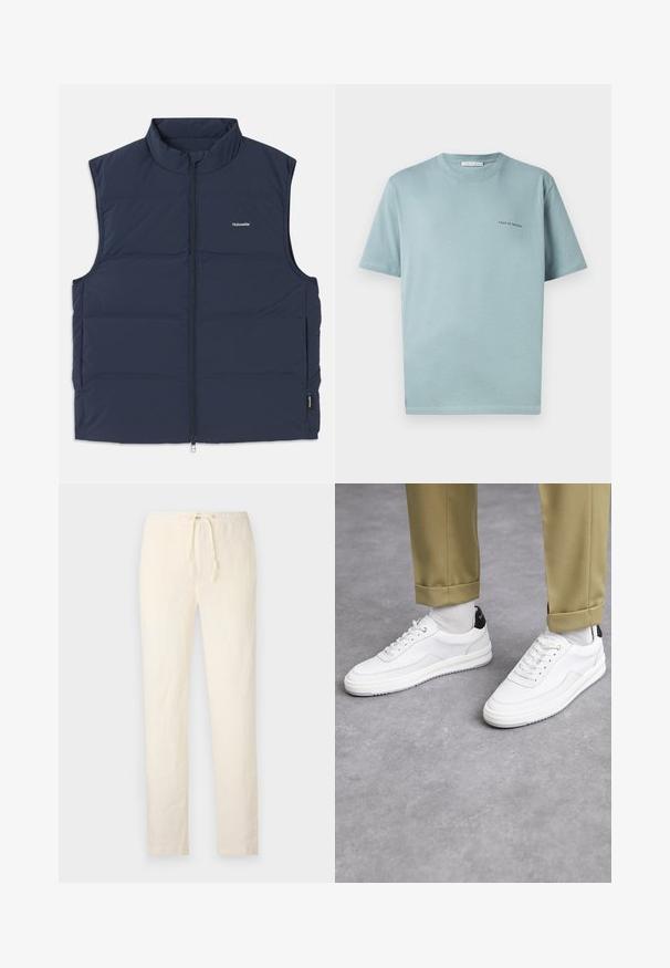 Marineblauwe gewatteerde vest met een hoge kraag, ritsluiting en openingen voor de armen aan de zijkant. Bevat een klein logo op de borst en heeft een gladde textuur.; Lichtblauw katoenen T-shirt met een ronde hals, korte mouwen en een klein "TIGER OF SWEDEN" logo op de linkerkant van de borst. Gladde textuur.; 120% Lino MEN PANT - Broek - milk; Witte sneakers met een textuur van leerafwerkingen, een ronde neus en een zwarte hielaccent. Rubberen zool met een klein profiel en gestikte details.