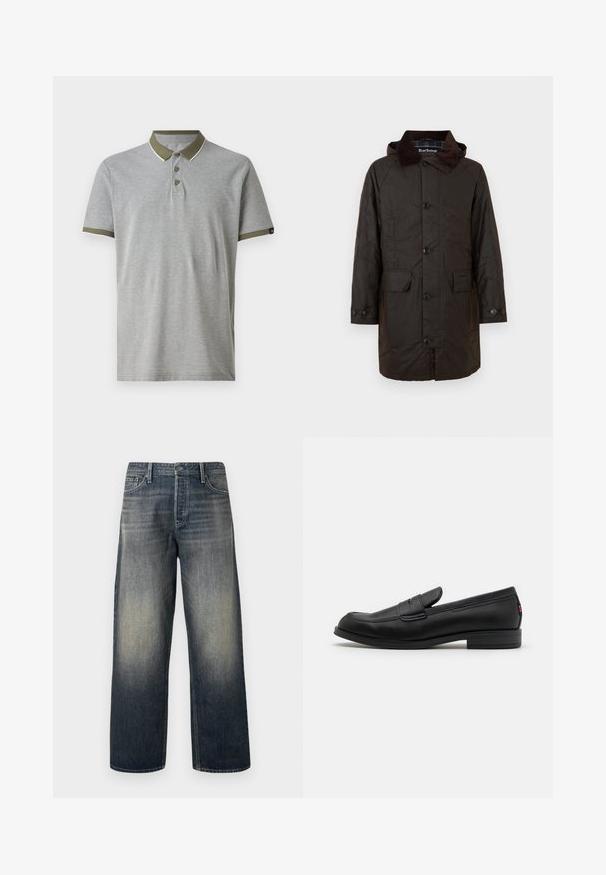 Tumepruun Barbouri mantel nupuvihikuga, kahe klapiga tasku ja velvetkaelusega, esitatud valgel taustal.; Hele hall polo särk rohelise krae ja varrukaäärtega. Omab kolme nööpi ja valgeid aktsentpärleid. Valmistatud pehmest, tekstureeritud kangast.; Tumed sinised laiad teksad, millel on gradient-efekt, nupuväärist, viie-tasku disain ja struktureeritud õmblused.; Mustad mustad nahast loaferid siledast viimistlusest, ümmargune nina ja väike dekoratiivne klapp. Omab madalat kokkupandud kontsa ja diskreetset brändingut.