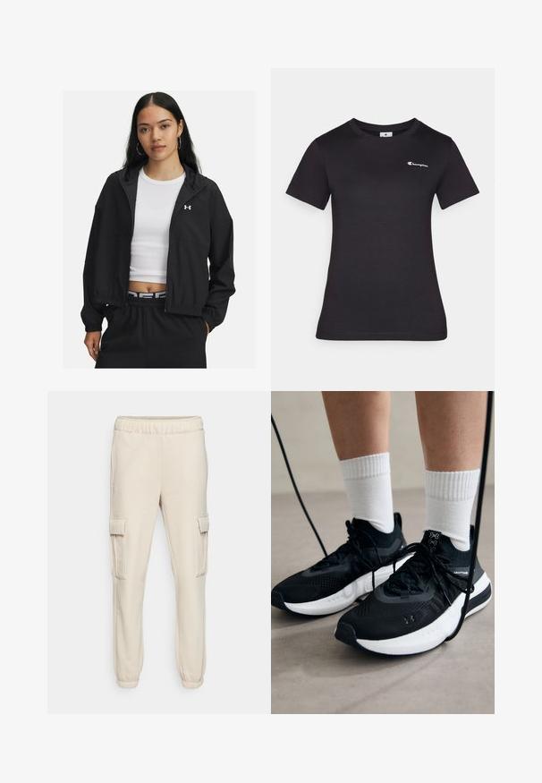 Mustat vetoketjulliset takki huppulla ja joustavilla hihansuilla, jossa on tyylikäs muotoilu. Kankaan pinta näyttää sileältä, ja rinnassa on Under Armour -logo.; Musta lyhythihainen t-paita, joka on valmistettu puuvillasta ja jossa on pieni brodeerattu logo rinnassa. Klassinen pyöreä pääntie ja pehmeä rakenne.; Beige cargo-housut, jotka on valmistettu pehmeästä kankaasta. Niissä on joustava vyötärö, kaksi sivutaskua ja ribbireunat nilkoissa.; Mustat urheilukengät, joissa on teksturoitua kangasta, valkoiset pohjat ja mustat nauhat. Yhdistetty valkoisten urheilusukkien kanssa, seisten vaalealla pinnalla.