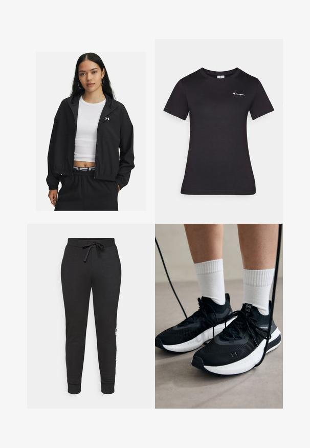 Zwarte zip-up jack met een capuchon en elastische manchetten, met een slank ontwerp. De stof lijkt glad, met een Under Armour-logo op de borst.; Zwarte korte mouwen t-shirt van katoen, met een klein geborduurd logo op de borst. Klassiek crewneck ontwerp met een zachte textuur.; Zwarte tapers joggers met een trekkoord in de taille, gemaakt van zachte stof. Kenmerkt zich door ribbenboorden en een geprinte logo-detail aan de zijkant.; Zwarte sportschoenen van gestructureerde stof, met een witte zool en zwarte veters. Draag ze met witte geribde sokken, staand op een lichte ondergrond.