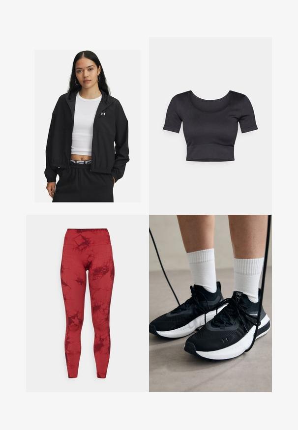 Chaqueta negra con cremallera y capucha, con puños elásticos, que presenta un diseño elegante. La tela parece suave, con un logo de Under Armour en el pecho.; Top corto negro de canalé con mangas cortas, cuello redondo amplio y una banda ajustada en la parte inferior. Textura suave, diseño informal.; ONLY Play ONPTIE SEAM - Leggings - sun dried tomato; Zapatillas deportivas negras con tela texturizada, suela blanca y cordones negros. Llevadas con calcetines blancos de canalé, de pie sobre una superficie clara.