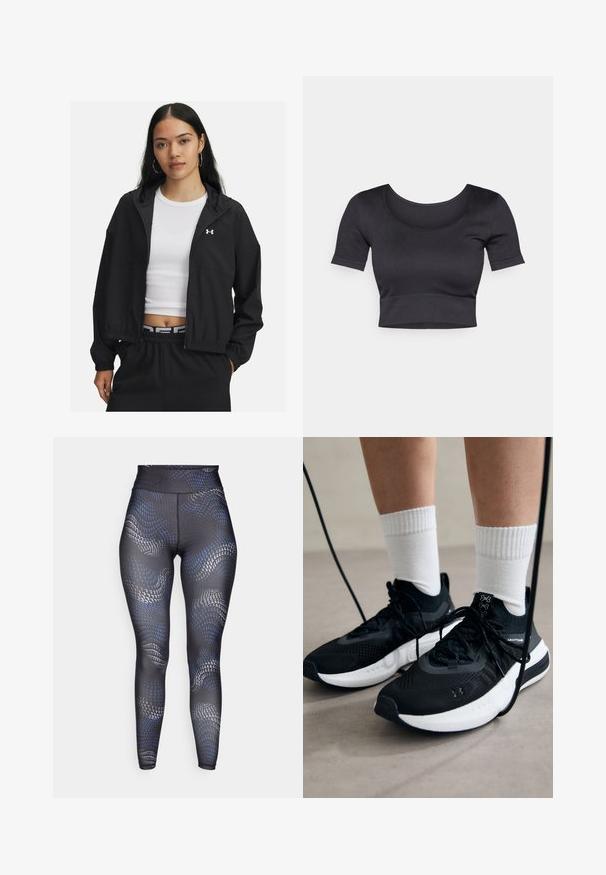 Schwarze Zip-Jacke mit Kapuze und elastischen Bündchen, die ein schlankes Design aufweist. Der Stoff wirkt glatt, mit einem Under Armour-Logo auf der Brust.; Schwarzes, geripptes, kurzes Top mit kurzen Ärmeln, weitem Rundhalsausschnitt und einem enganliegenden Bund am unteren Ende. Weicher Stoff, lässiges Design.; Schwarze Leggings mit einem wellenförmigen blau-grauen Muster, hoher Taille, glatter Textur und einer figurbetonten Form, die für Sportbekleidung entworfen wurde.; Schwarze Sportschuhe aus strukturiertem Stoff, mit weißer Sohle und schwarzen Schnürsenkeln. Tragen mit weißen gerippten Socken, stehen auf einer hellen Fläche.