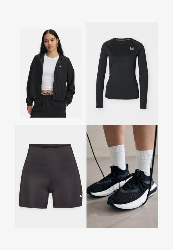 Melnā jaka ar rāvējslēdzēju un kapuci, ar elastīgām aprocēm, kas izceļas ar elegantu dizainu. Audums izskatās gluds, uz krūts ir Under Armour logo.; Melna garām piedurknēm sporta krekls, izgatavots no izlīdzinātas auduma, ar apaļu kakla izgriezumu un mazu baltu logotipu kreisajā krūtī.; Melni sporta šorti, kas izgatavoti no gludas, elastīgas auduma. Augsta jostasvieta ar plakaniem šuvēm un mazu baltu Puma logotipu sānos.; Melni sporta apavi ar strukturētu audumu, balta zole un melni šņores. Valkāti ar baltām ribotām zeķēm, stāvot uz gaišas virsmas.