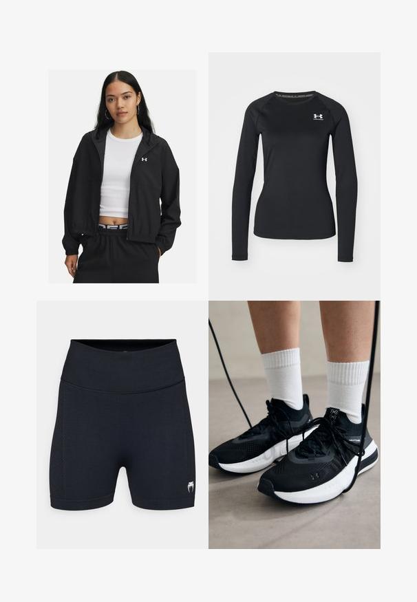 Črna zip majica s kapuco in elastičnimi manšeti, ki se ponaša s sleek dizajnom. Tkanina se zdi gladka, na prsih je logotip Under Armour.; Črna dolga športna majica s splošno teksturo, ki ima okroglo izrezovanje in majhen bel znak na levem prsnem delu.; Črne športne kratke hlače z gladkim materialom in mrežnimi stranskimi paneli. Imajo širok pas in majhen logotip na spodnjem delu noge.; Črne športne čevlje z strukturirano tkanino, belo podplatom in črnimi vezalkami. Nosi se z belimi rebrastimi nogavicami, stoje na svetli površini.