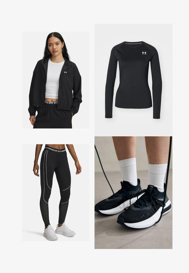 Črna zip majica s kapuco in elastičnimi manšeti, ki se ponaša s sleek dizajnom. Tkanina se zdi gladka, na prsih je logotip Under Armour.; Črna dolga športna majica s splošno teksturo, ki ima okroglo izrezovanje in majhen bel znak na levem prsnem delu.; Under Armour COLDGEAR - Pajkice - black; Črne športne čevlje z strukturirano tkanino, belo podplatom in črnimi vezalkami. Nosi se z belimi rebrastimi nogavicami, stoje na svetli površini.
