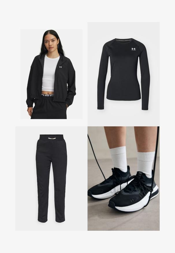 Black zip-up jacket with a hood and elastic cuffs, featuring a sleek design. The fabric appears smooth, with an Under Armour logo on the chest.; Black long-sleeve athletic shirt made of smooth fabric, featuring a round neckline and a small white logo on the left chest.; Black athletic joggers with a soft texture, featuring a ribbed waistband and side stripes with a zipper at the hem for adjustable fit.; Black athletic shoes with textured fabric, white sole, and black laces. Worn with white ribbed socks, standing on a light surface.