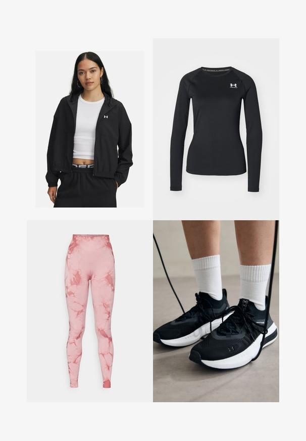 Mustat vetoketjulliset takki huppulla ja joustavilla hihansuilla, jossa on tyylikäs muotoilu. Kankaan pinta näyttää sileältä, ja rinnassa on Under Armour -logo.; Musta pitkähihainen urheilupaita, joka on valmistettu sileästä kankaasta. Paidassa on pyöreä kaula-aukko ja pieni valkoinen logo vasemmalla rinnalla.; Vaaleanpunaiset korkeat leggingsit, joissa on marmori-kuvio. Valmistettu joustavasta, sileästä kankaasta, jossa on istuva siluetti ja saumatön vyötärö.; Mustat urheilukengät, joissa on teksturoitua kangasta, valkoiset pohjat ja mustat nauhat. Yhdistetty valkoisten urheilusukkien kanssa, seisten vaalealla pinnalla.