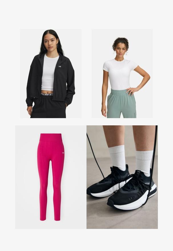 Čierna bundá na zips s kapucňou a elastickými manžetami, ktorú charakterizuje elegantný dizajn. Tkanina vyzerá hladko a na hrudi sa nachádza logo Under Armour.; Biely priliehavý tričko s krátkymi rukávmi, kombinované s nohavicami so svetlozeleným elastickým pásom. Hladká textúra, minimalistický dizajn a žiadne viditeľné vzory.; Ružové legíny s vysokým pásom, vyrobené z hladkého, elastického materiálu s textúrovanými panelmi pozdĺž nôh. Logo značky v bielej farbe.; Čierne športové topánky s textúrovanou tkaninou, bielou podrážkou a čiernymi šnúrkami. Nosené s bielymi rebrovanými ponožkami, postavené na svetlom povrchu.