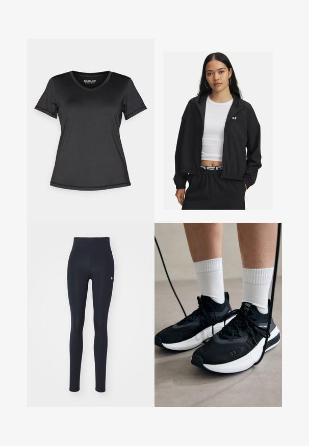 Chaqueta negra con cremallera y capucha, con puños elásticos, que presenta un diseño elegante. La tela parece suave, con un logo de Under Armour en el pecho.; Camiseta negra de manga corta y escote en V, hecha de un material suave y ligero. Presenta dobladillos cosidos y un logo en la manga. Diseño simple.; Leggings deportivos negros hechos de una tela elástica, con una cinturilla alta, bolsillos laterales y un pequeño logo en la parte baja de la pierna.; Zapatillas deportivas negras con tela texturizada, suela blanca y cordones negros. Llevadas con calcetines blancos de canalé, de pie sobre una superficie clara.