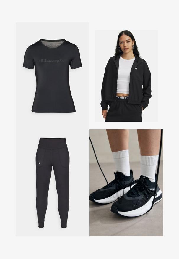 Must mustiga kapuutsiga must jakke, millel on elastsed mansetid ja stiilne disain. Kangas näeb välja sile, rinnal on Under Armour'i logo.; Must värvitud sportlik t-särk, mis on valmistatud siledast ja kergest kangast. Omab ümmargust kaelust ja lühikesi varrukaid, esiküljel on diskreetne tume "Champion" logo.; Mustad must-harjutuslegid, mis on valmistatud elastse materjali jaoks, kõrge vöökoha, küljetaskute ja tihedalt istuvate pahkluude vahega.; Mustad mustad jalanõud tekstuuritud kangast, valge tallaga ja mustade paeltega. Kanna valgete soonikkudega sokkide sisse, seistes helesinisel pinnal.