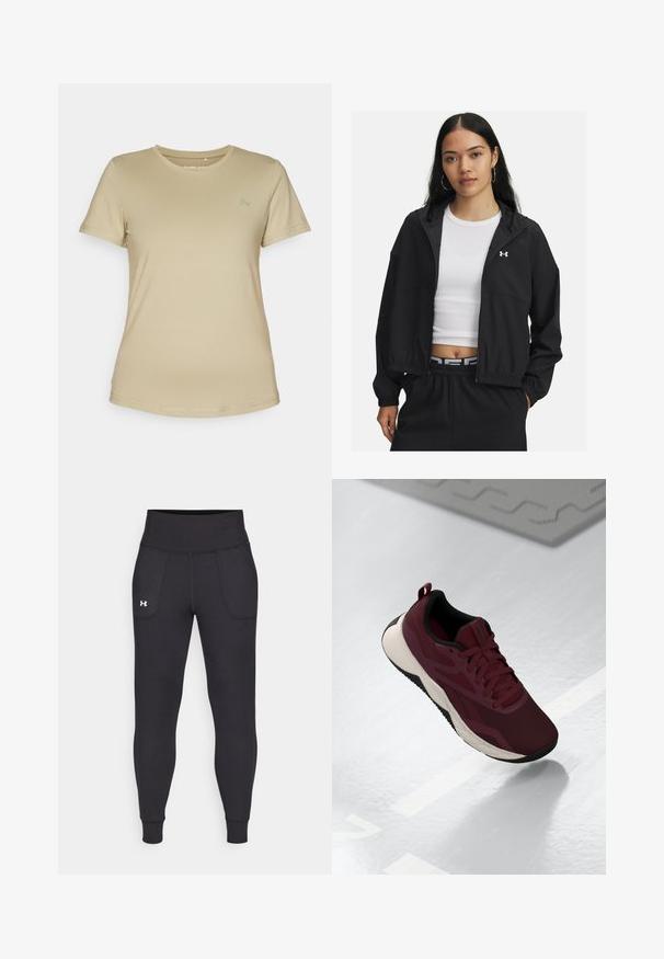 Must mustiga kapuutsiga must jakke, millel on elastsed mansetid ja stiilne disain. Kangas näeb välja sile, rinnal on Under Armour'i logo.; Beige lühikeste varrukatega t-särk siledast, venivast kangast. Omab ümmargust kaelust ja diskreetset logo vasakus ülanurgas.; Mustad must-harjutuslegid, mis on valmistatud elastse materjali jaoks, kõrge vöökoha, küljetaskute ja tihedalt istuvate pahkluude vahega.; Bordoo spordijalanõud, millel on võrgust pealispind, mustad aktsendid ja pehme valge tald. Omab soonkinnitust ja kandmist hõlbustavat konksu kontsapooles.